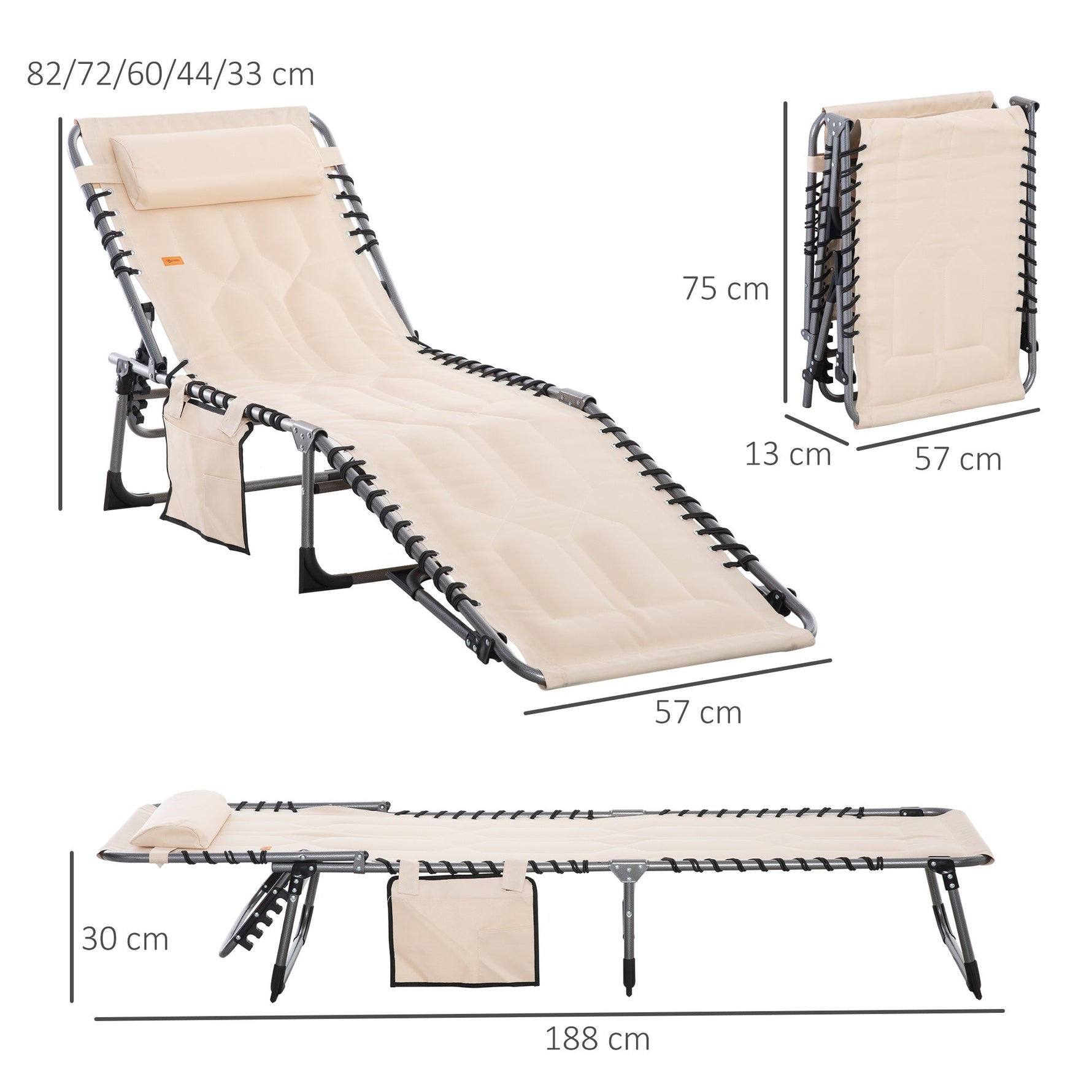 Sun Lounger, Foldable with Pillow, 5-Way Adjustable Backrest, Beige