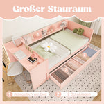 Wooden Single Bed 90x200 with Desk, Drawers & Shelves, Pink