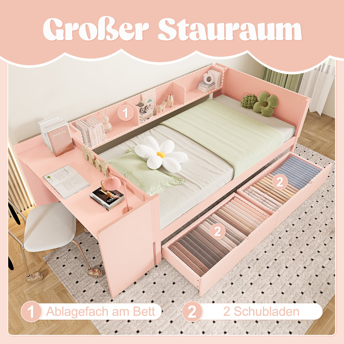 Wooden Single Bed 90x200 with Desk, Drawers & Shelves, Pink