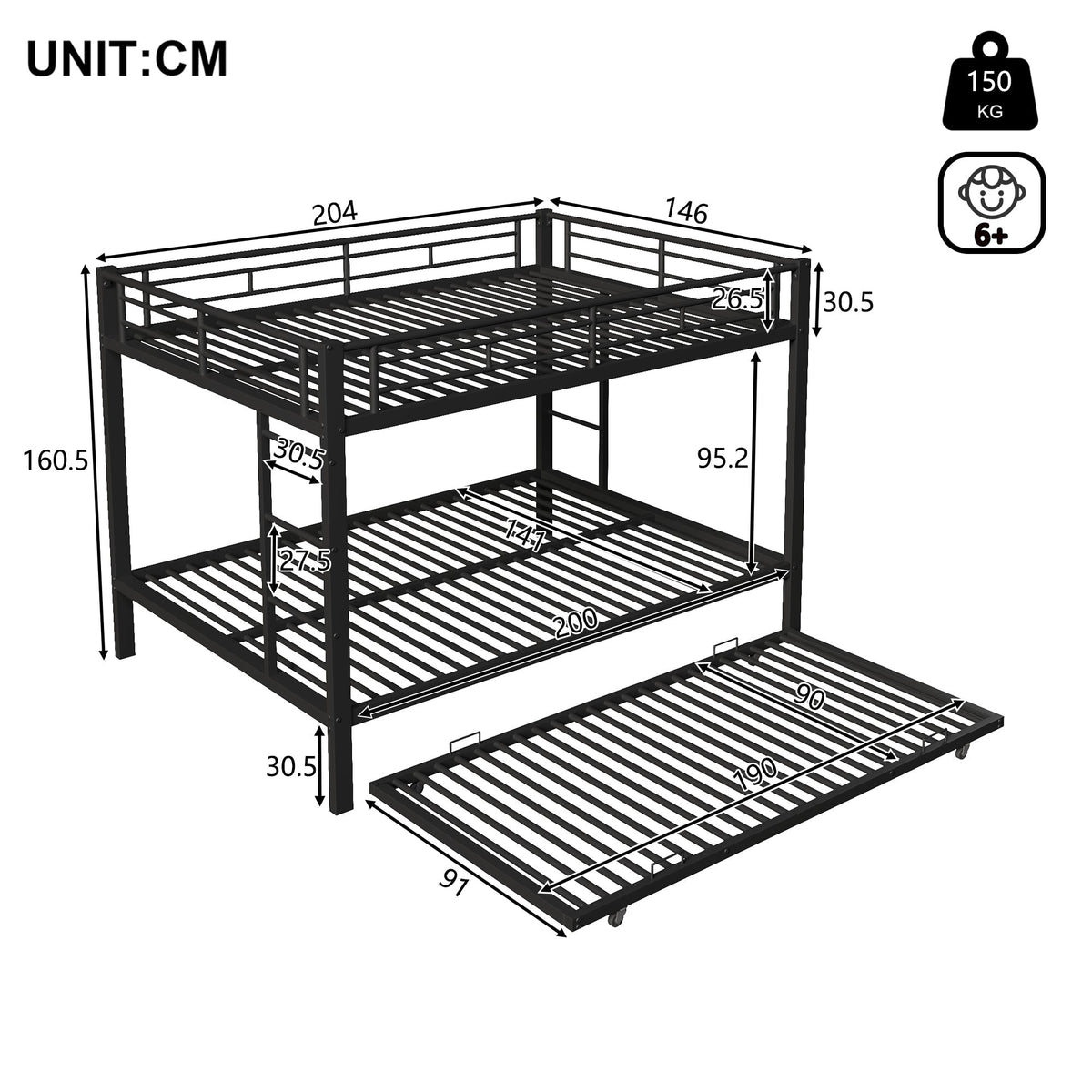 140*200cm Bunk Bed with Pull-out Bed and High Railings, Iron, Black