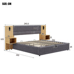 Upholstered Bed with Hydraulic Storage, LED, USB and 2 Bedside Tables, 160x200cm, Grey and Natural Velvet