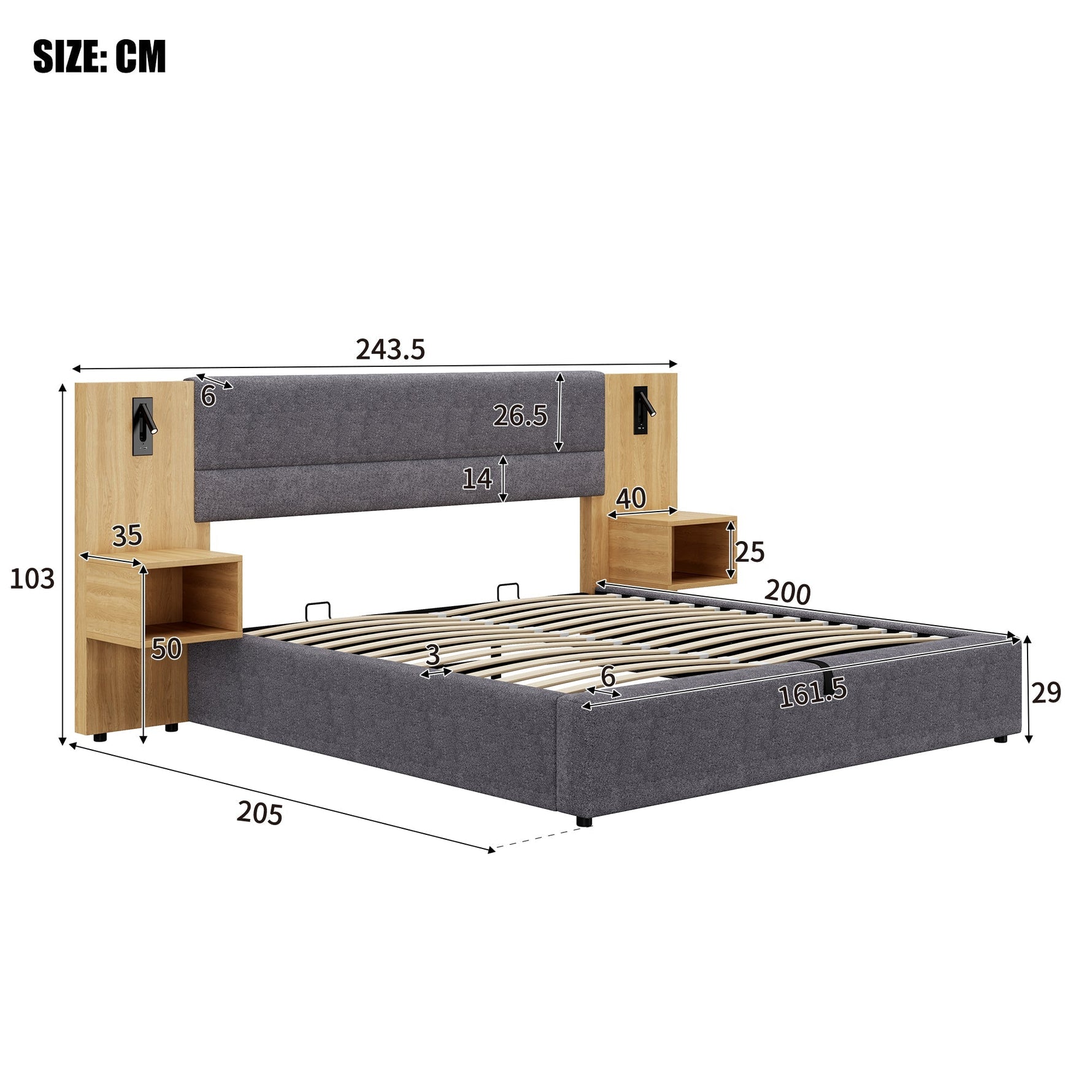Upholstered Bed with Hydraulic Storage, LED, USB and 2 Bedside Tables, 160x200cm, Grey and Natural Velvet