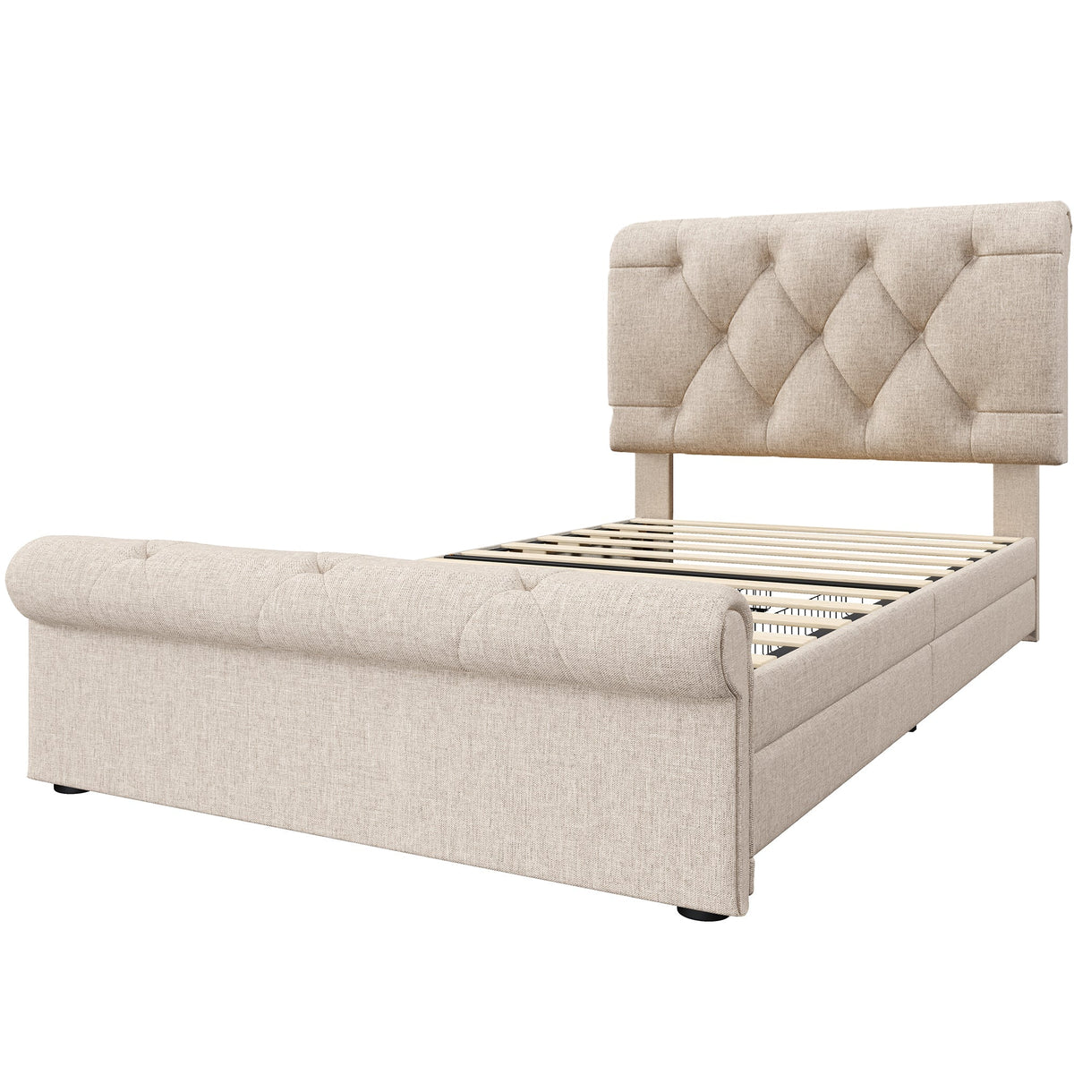 Single Upholstered Bed, 90x200cm, 2 Drawers, Adjustable Headboard, Chesterfield, Natural