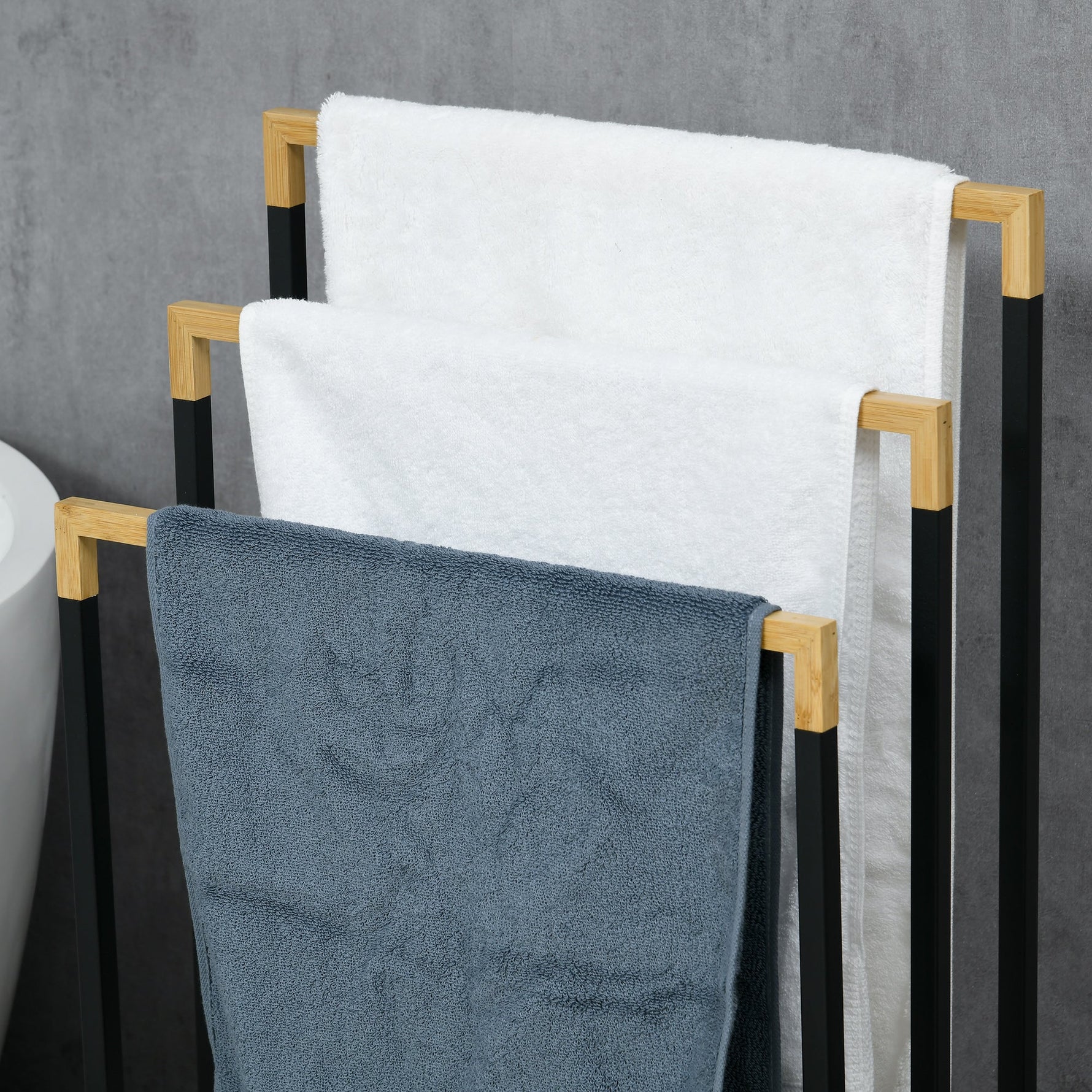 kleankin Towel Rack, 3 Bars, Steel & Bamboo, Black