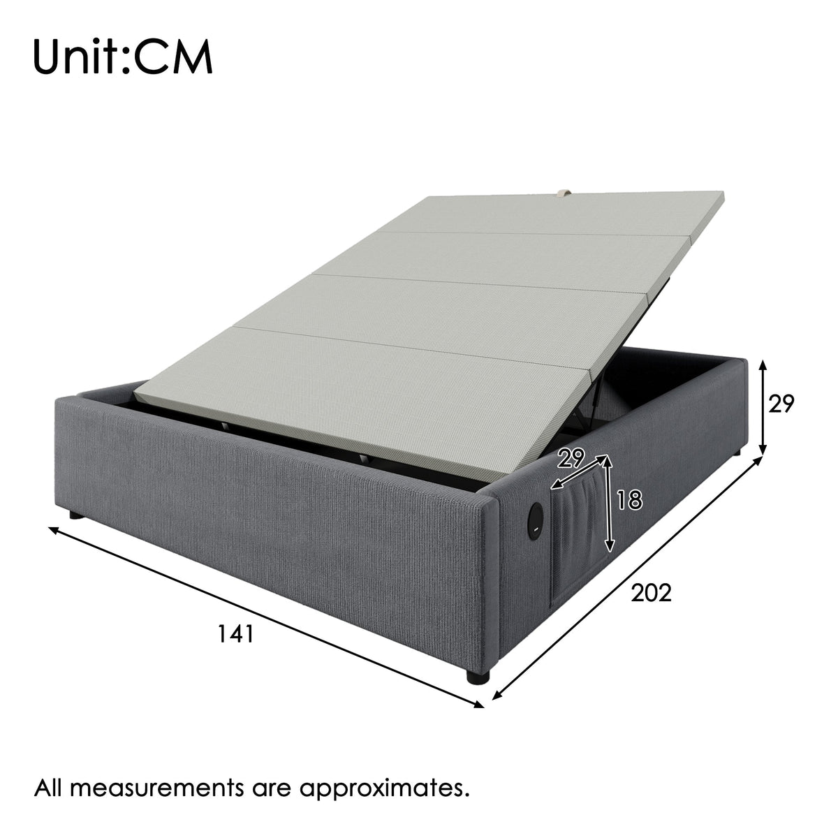 Upholstered Double Bed 140x200 cm, USB-C, Full Slatted Frame, Cotton Grey