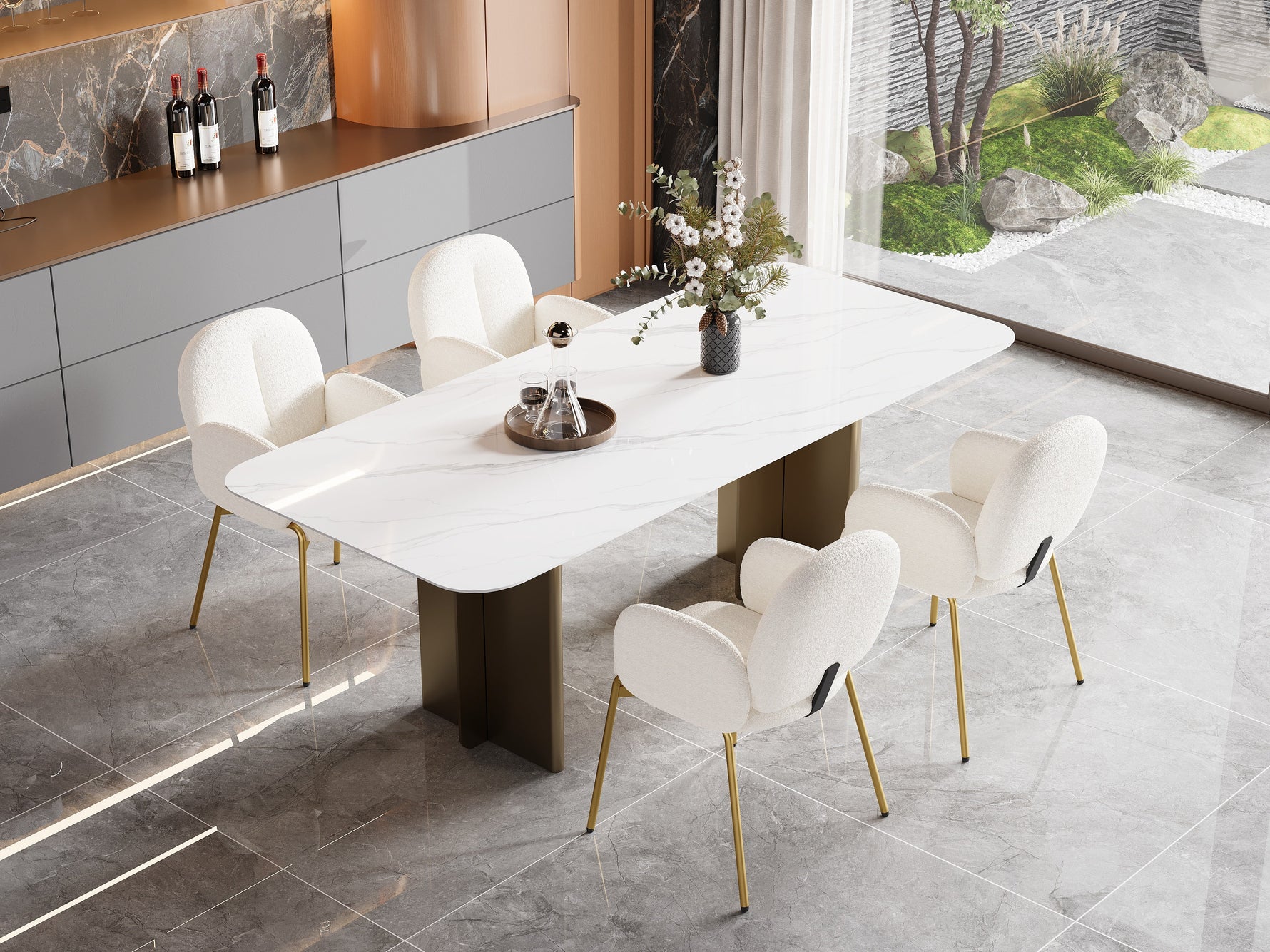 Dining Lounge Chairs Set of 4 with Gold Legs, Beige Teddy
