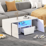 Coffee Table, Sofa Table with LED Light, 2 Cabinets, 1 Drawer, Irregular Design, White