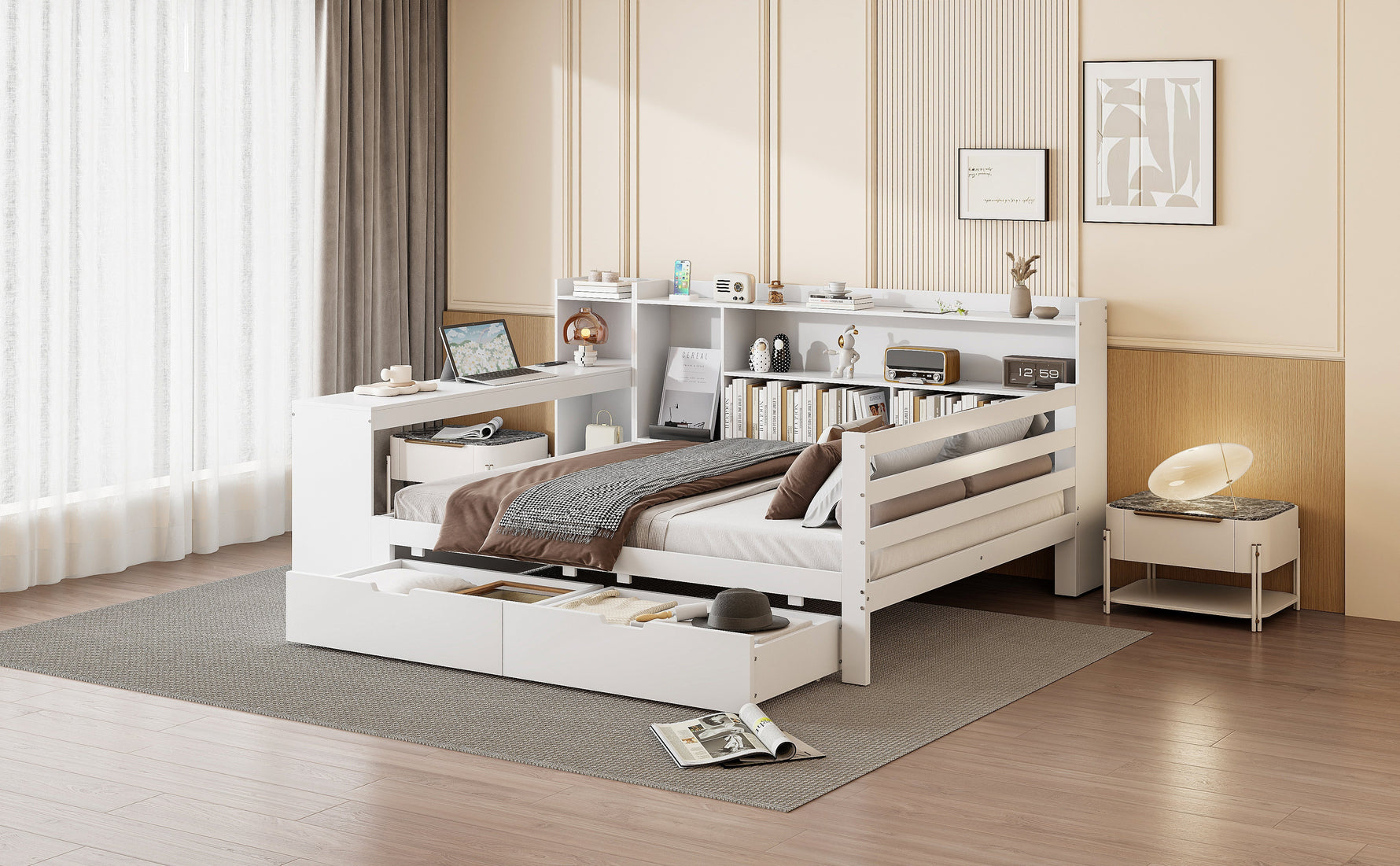 Solid Wood Sofa Bed, 140x200 cm, with Desk, Bookshelf, Storage, Power Outlet, White