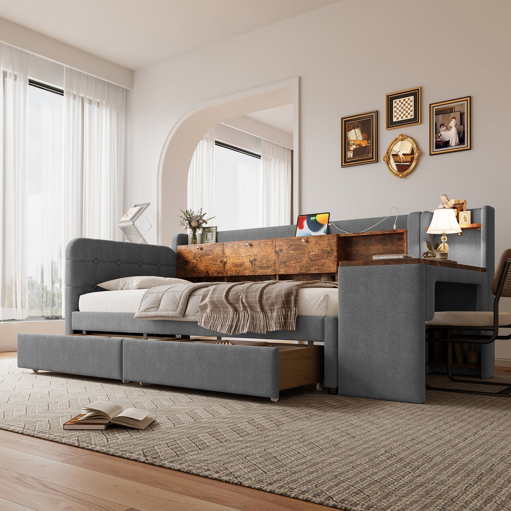Daybed with Desk and USB Charging, 2 Drawers and Storage Compartments, Grey Linen