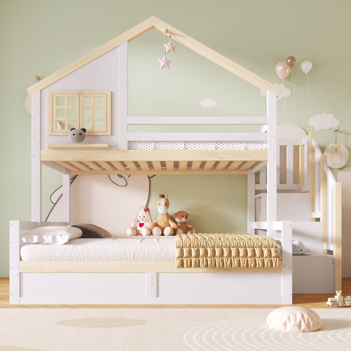 Bunk Bed 90/140x200cm with Storage Ladder & Rail, White + Natural