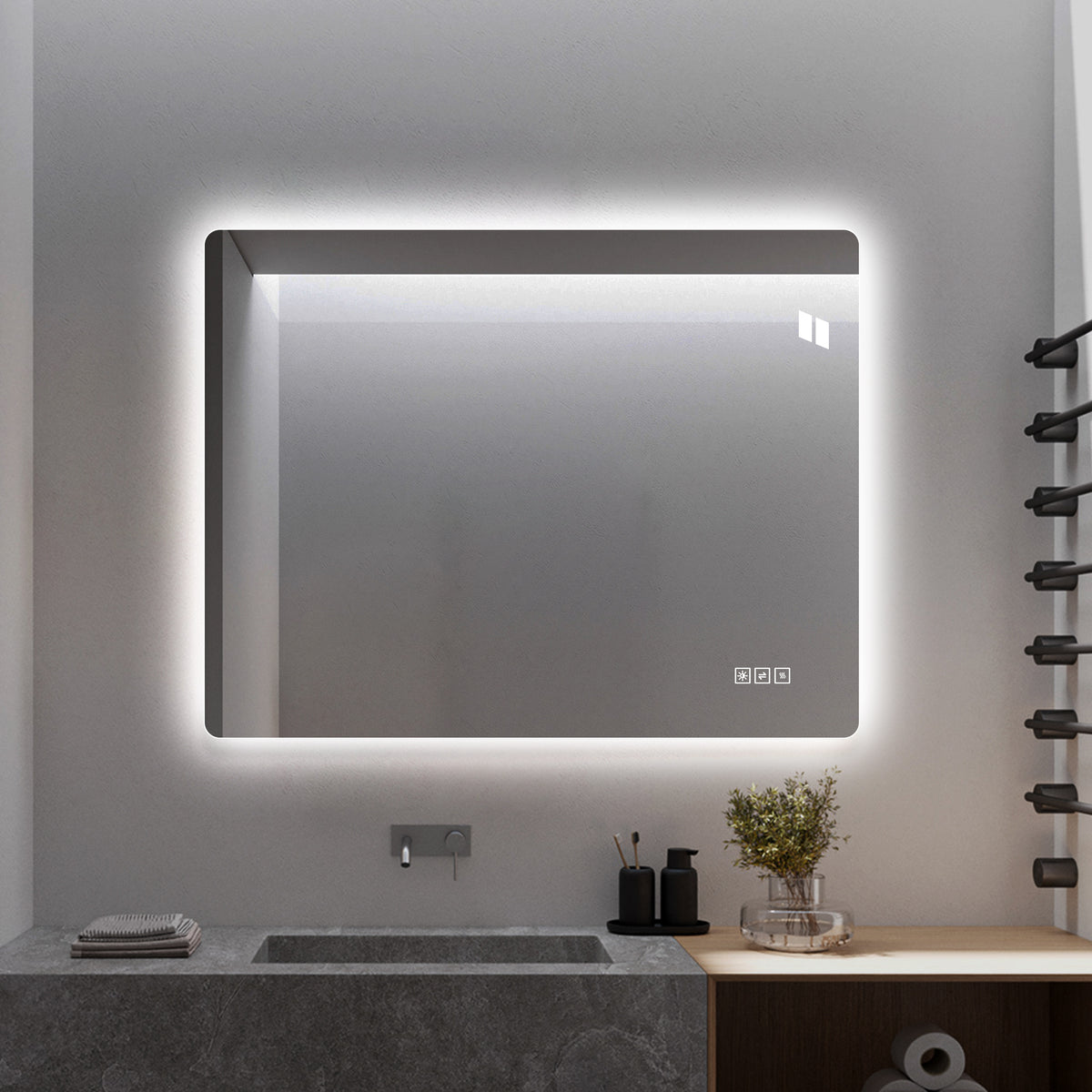 Frameless LED Bathroom Mirror 60x80 cm, Dimmable Anti-Fog, Glass
