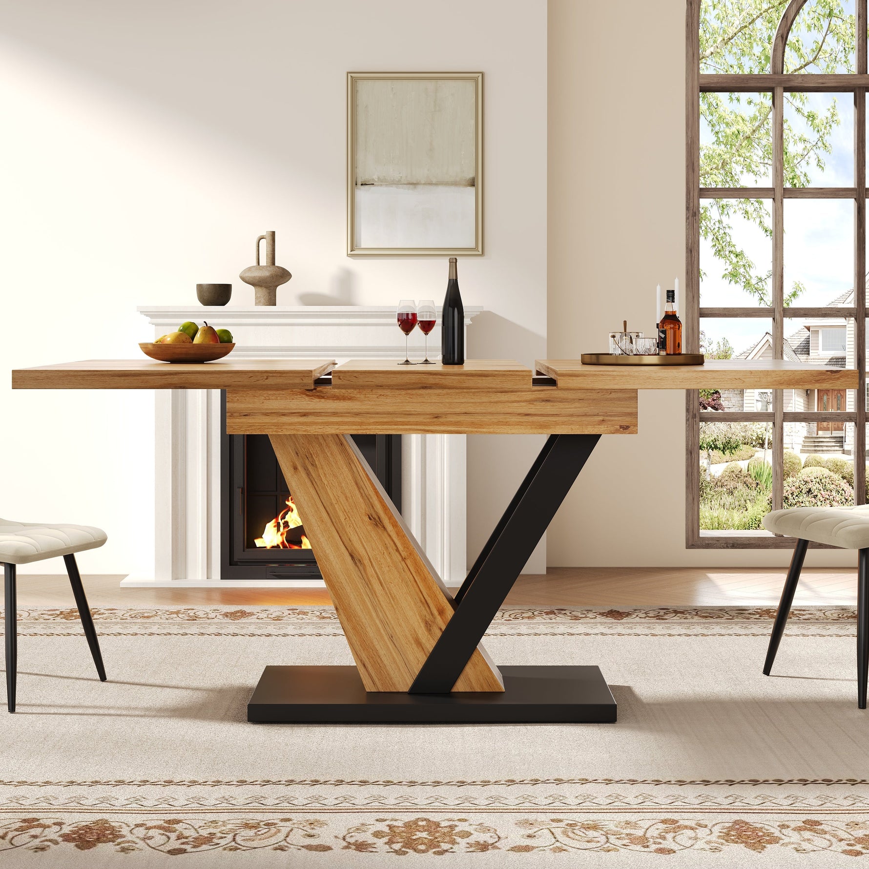 Extendable Dining Table with Internal Leaves and Seats 4-6, Wood Grain Finish