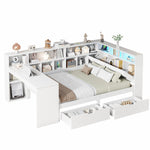 L-shaped Platform Bed 140x200 with Desk Bookshelf Upholstered Headboard Drawers LED Light White Wood