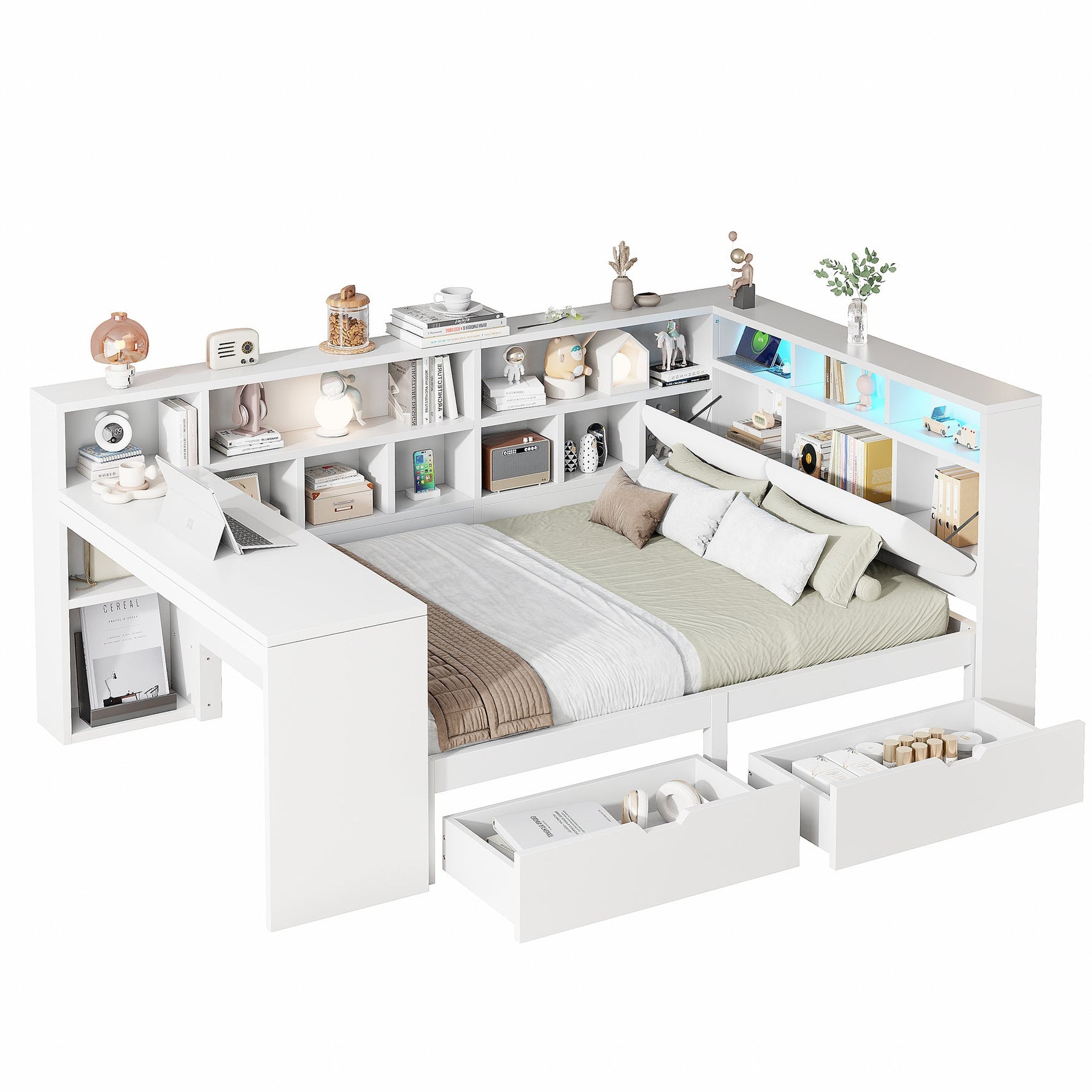 L-shaped Platform Bed 140x200 with Desk Bookshelf Upholstered Headboard Drawers LED Light White Wood