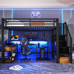 Loft Bed with Desk, Storage Staircase and LED Lights, Black Iron Frame