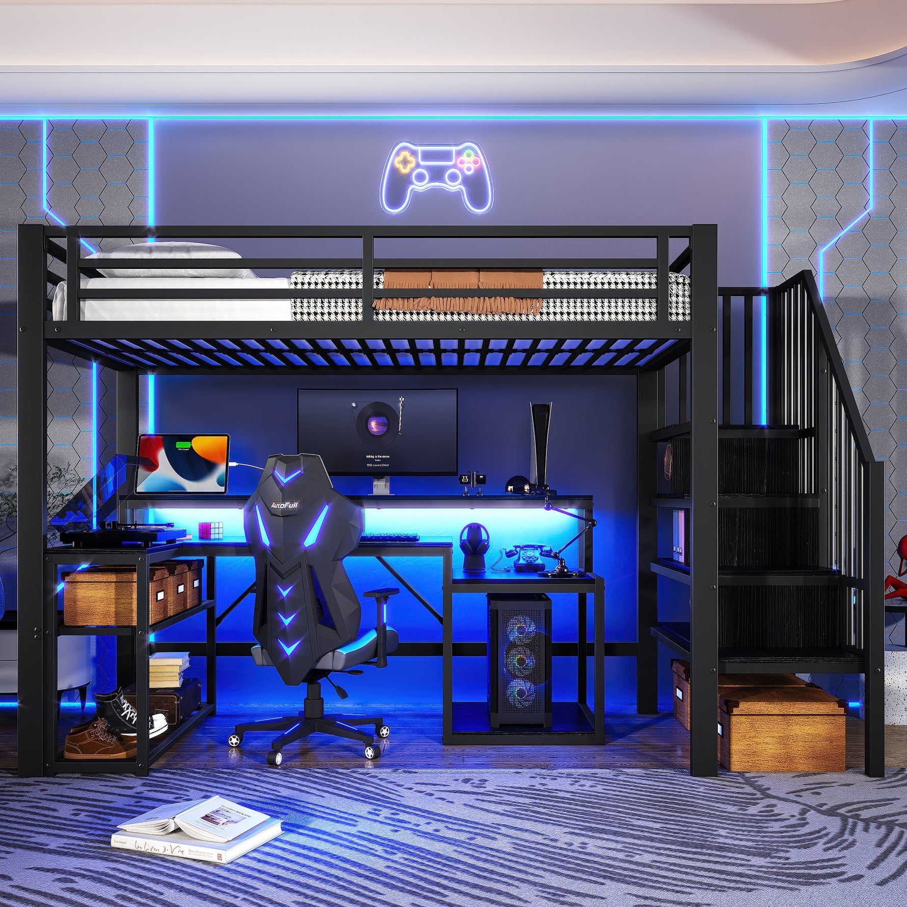 Loft Bed with Desk, Storage Staircase and LED Lights, Black Iron Frame