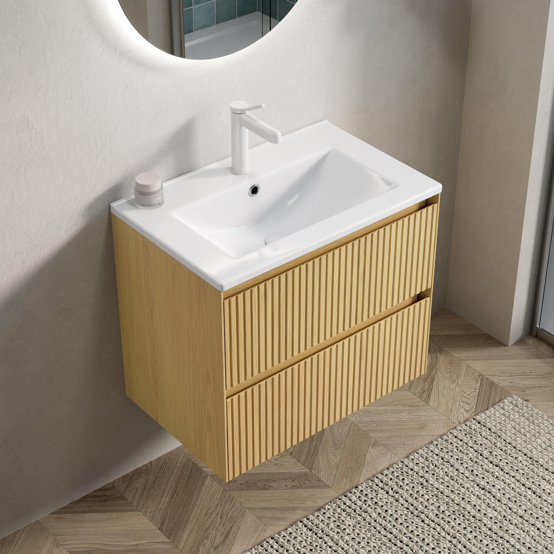 Wall-mounted Bathroom Vanity Unit with Ceramic Sink and 2 Drawers, Collora Wood Grain