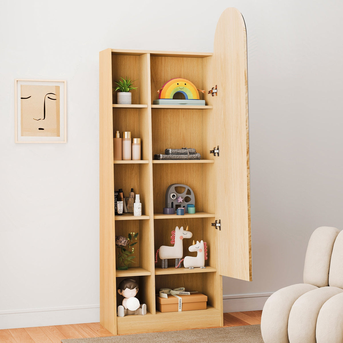 Tall Storage Cabinet Mirrored Door Adjustable Shelves 165x60x28cm - Natural Wood Look