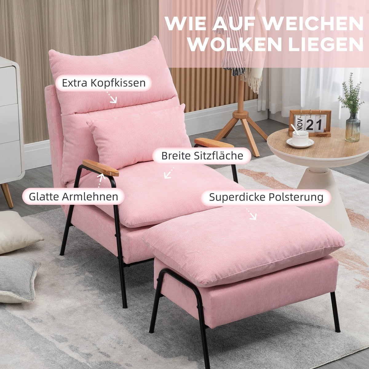 Wingback Chair with Footstool, Reclining, Pink