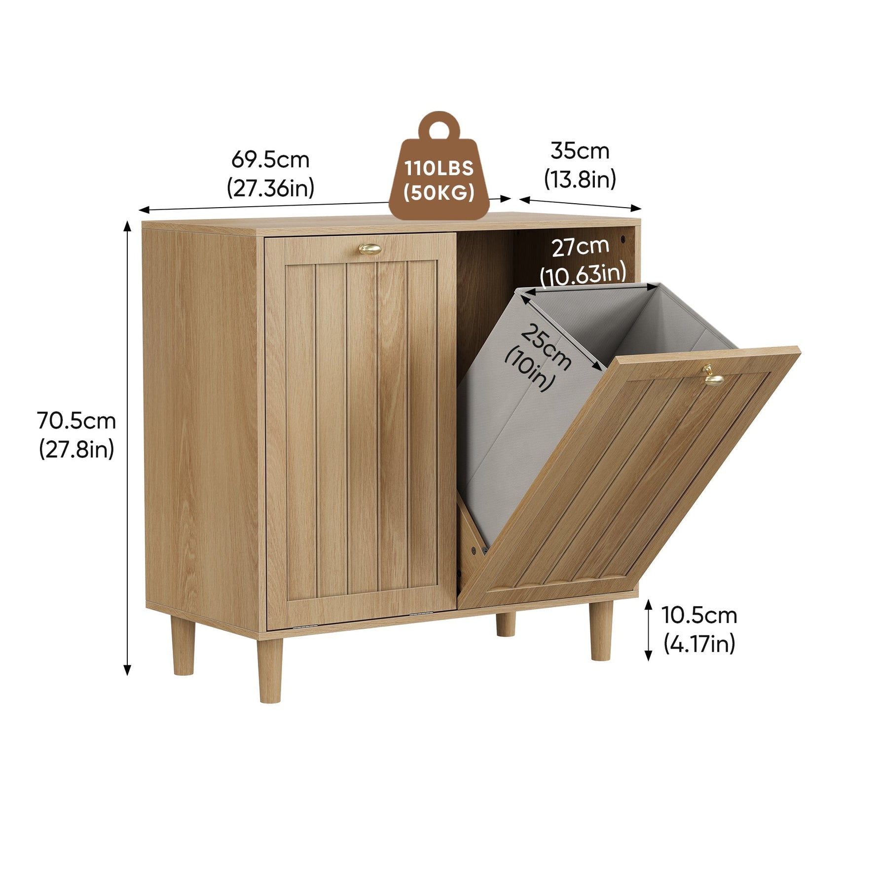 Slanted Laundry Basket with Removable Inner Basket and Bathroom Storage Shelf, Oak Wood Color