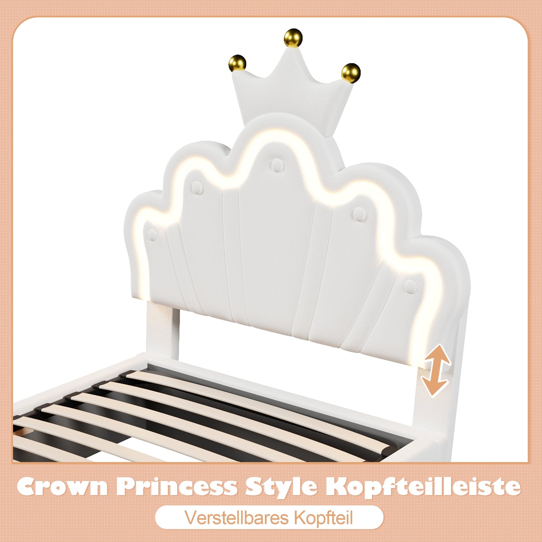 Upholstered Bed 90x200cm Hydraulic Storage LED Crown Adjustable Headboard - PU White