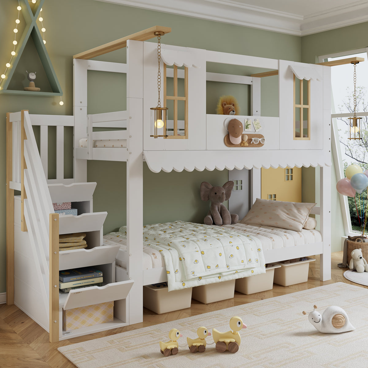 Children's Bunk Bed 90x200cm with Storage Stairs, White & Natural