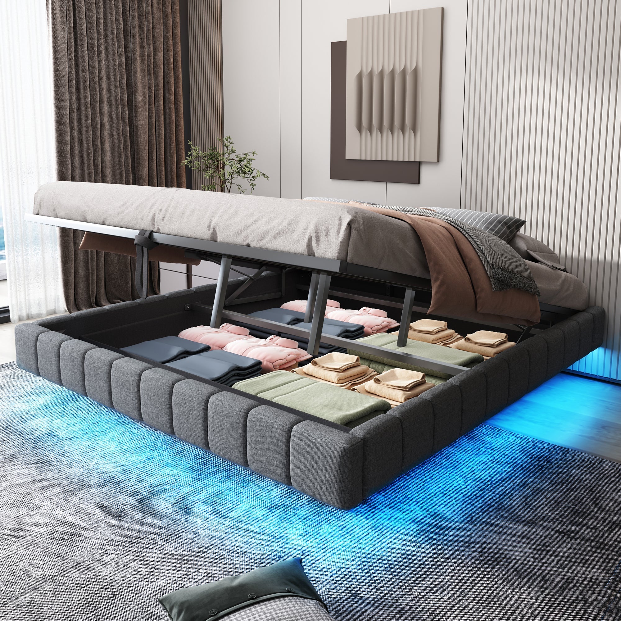 Upholstered Bed 180x200cm Hydraulic Storage LED Light Floating Frame, Linen Grey