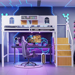 Metal Loft Bed 140x200cm with Storage Ladder & Desk, White Metal Frame