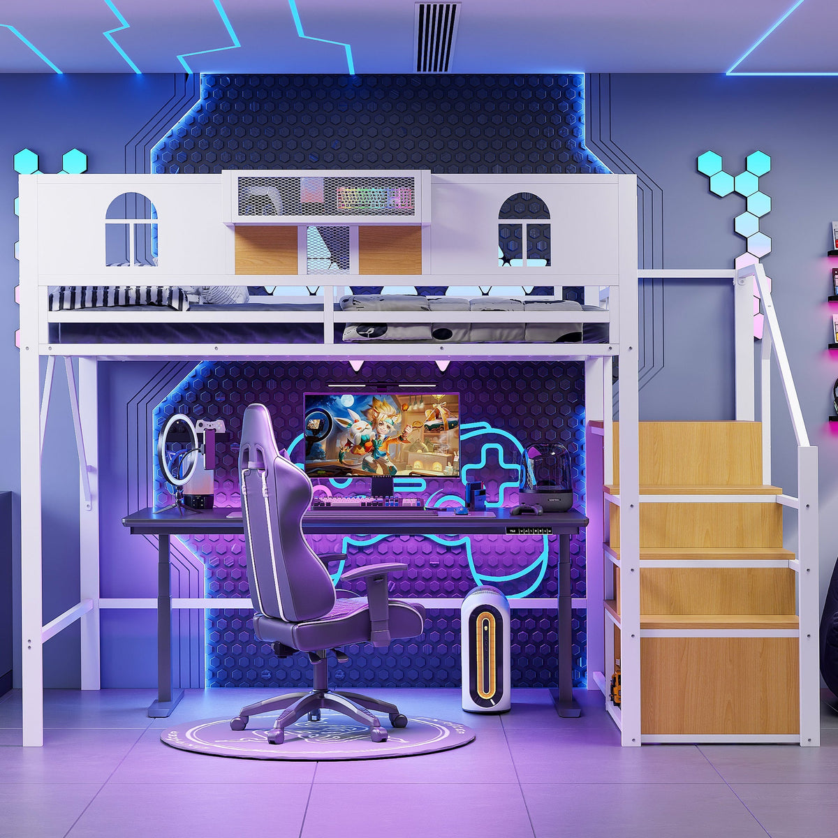 Metal Loft Bed 140x200cm with Storage Ladder & Desk, White Metal Frame