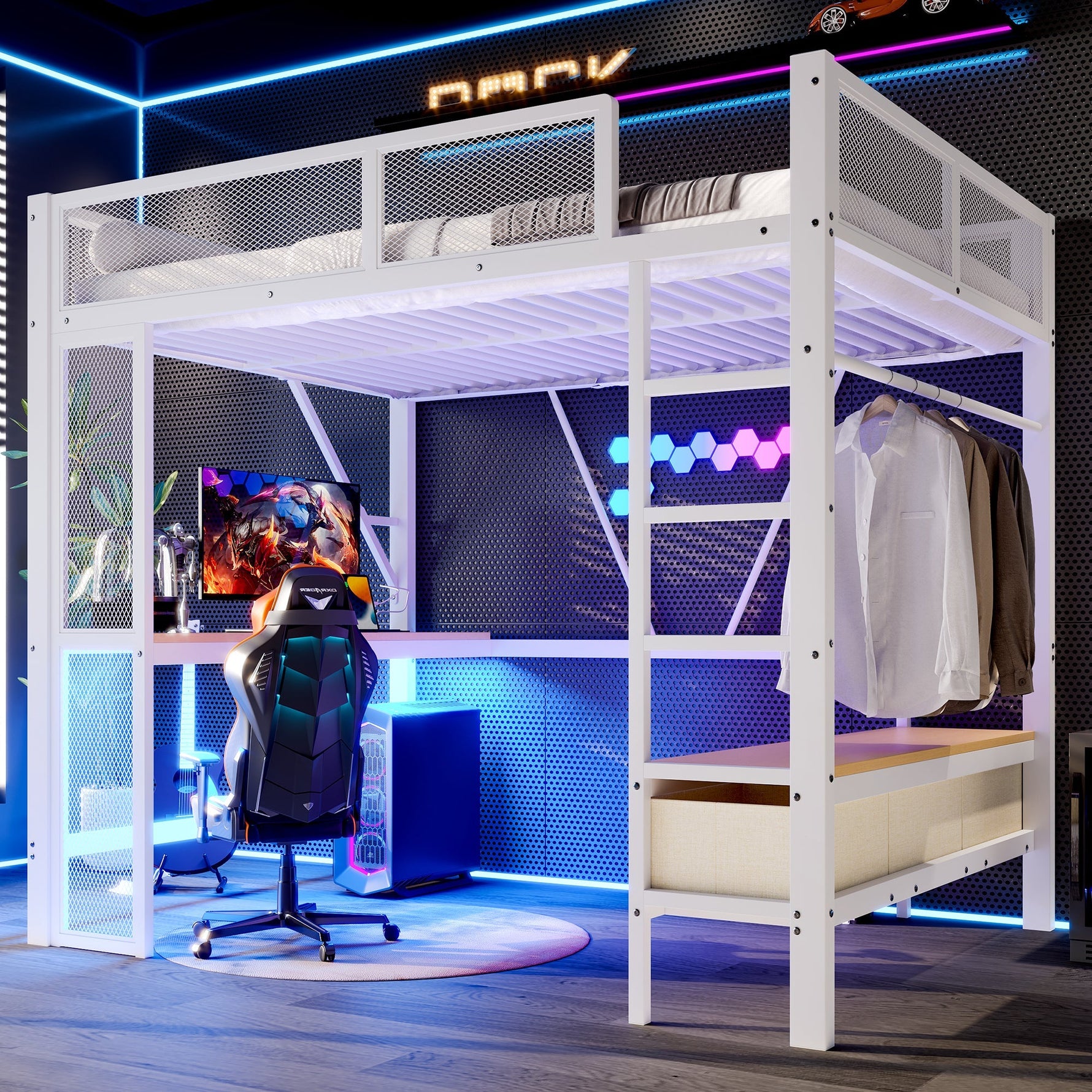 Metal Play Loft Bed 140x200cm, USB LED Desk Wardrobe Storage, White