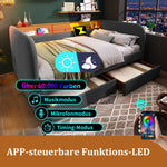 Upholstered Daybed with LED, USB-C and 2 Drawers, 140x190cm, Grey Linen