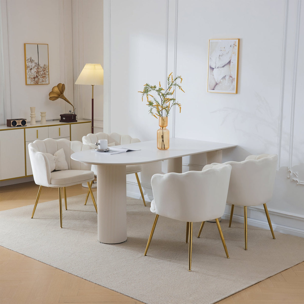 Chairs, 4 Modern Velvet Petal Back Upholstered with Gold Metal Legs and Butterfly Cushions, Velvet