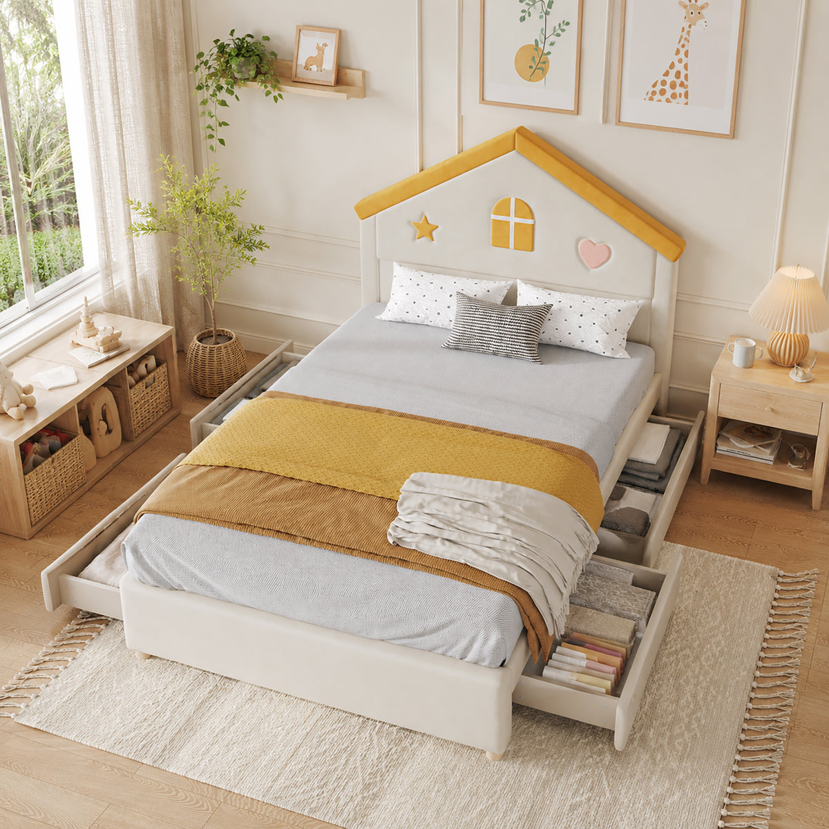 House Bed 140x200cm Upholstered Bed with 4 Drawers, Velvet Beige