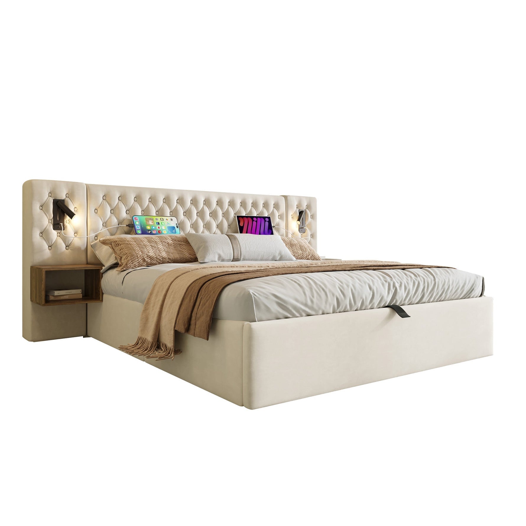 Bedroom Complete Set, Upholstered Hydraulic Storage Double Bed with 2 Bedside Tables & USB Reading Light, Beige Velvet