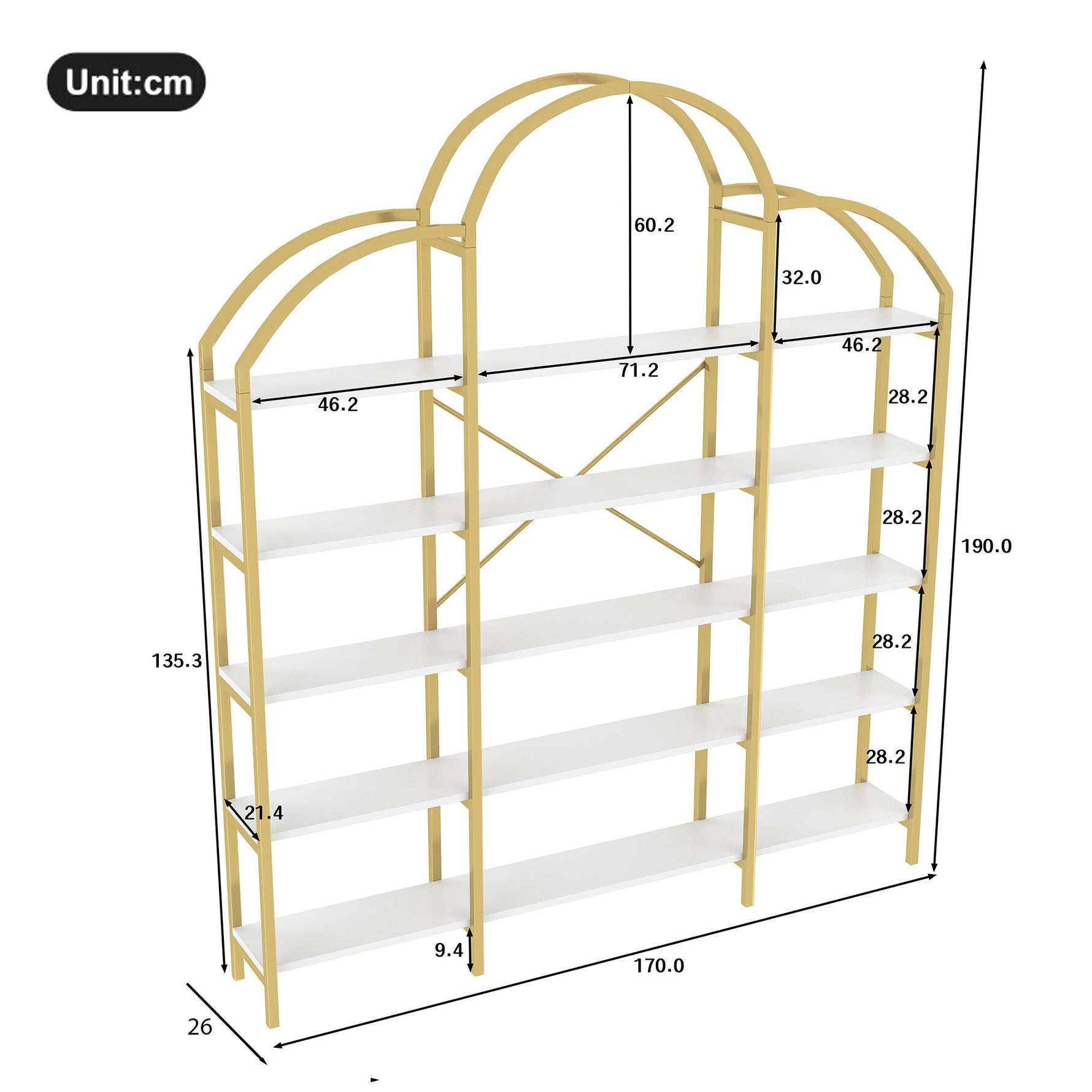 Cloud Shape Display Shelf 170x190cm 5-Tier Storage Steel Tube MDF Gold + White