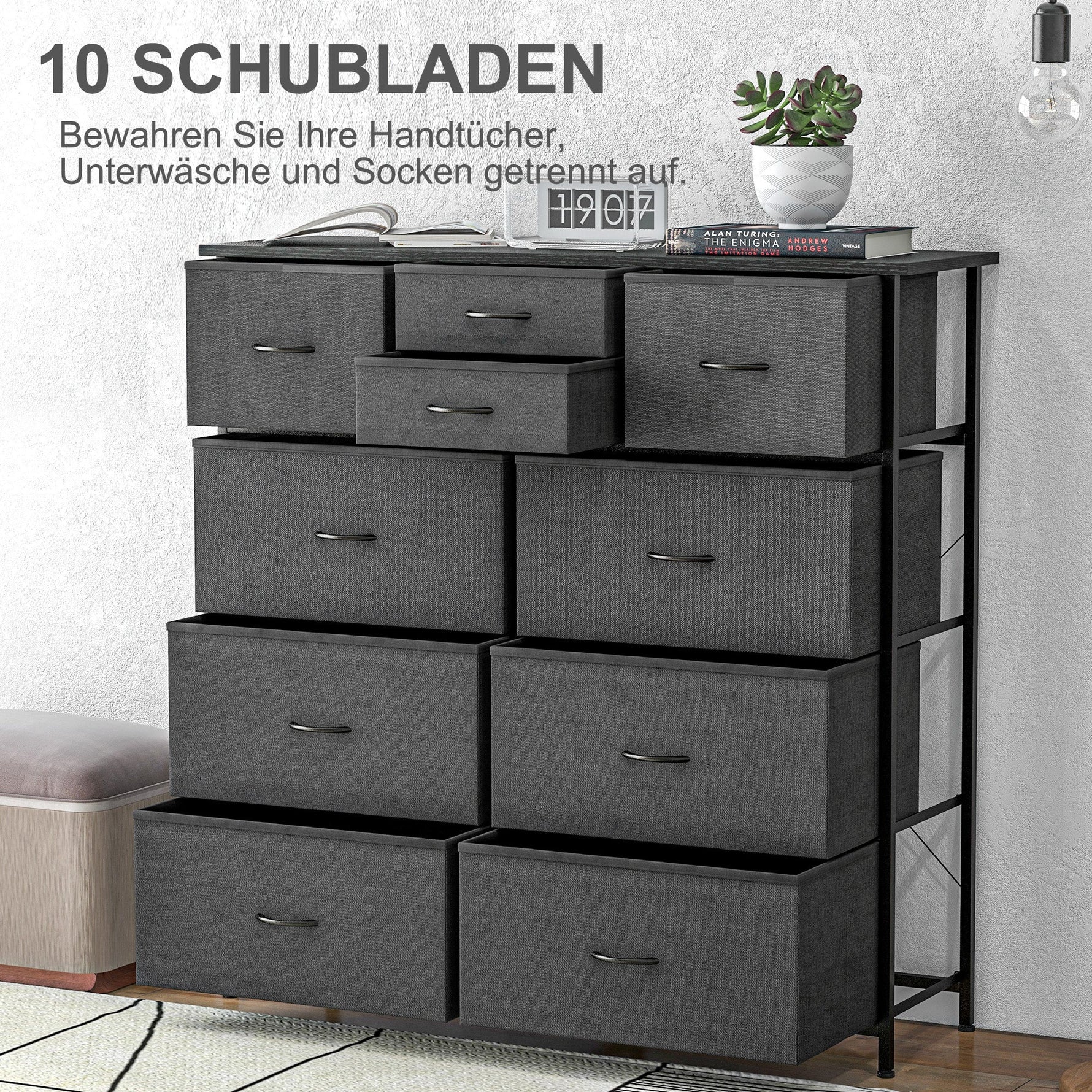 Chest of Drawers/Sideboard, 10 Foldable Fabric Drawers, Steel Black