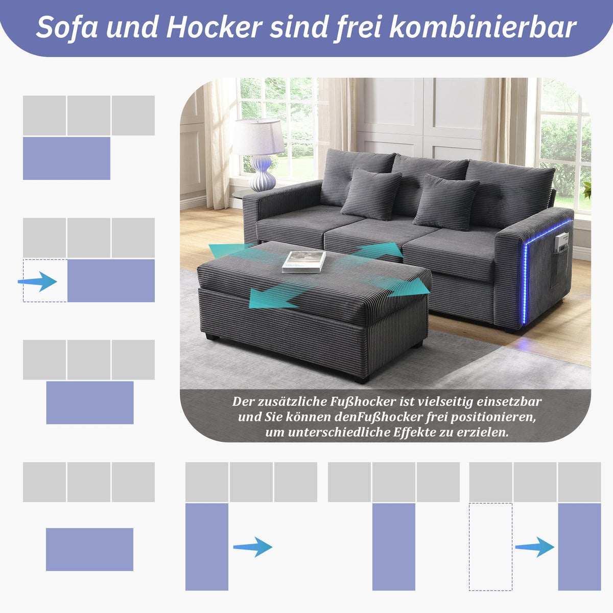 Sofa, 5-Cushion Supreme Set LED 3-Seater with Ottoman, Modular L-Shaped