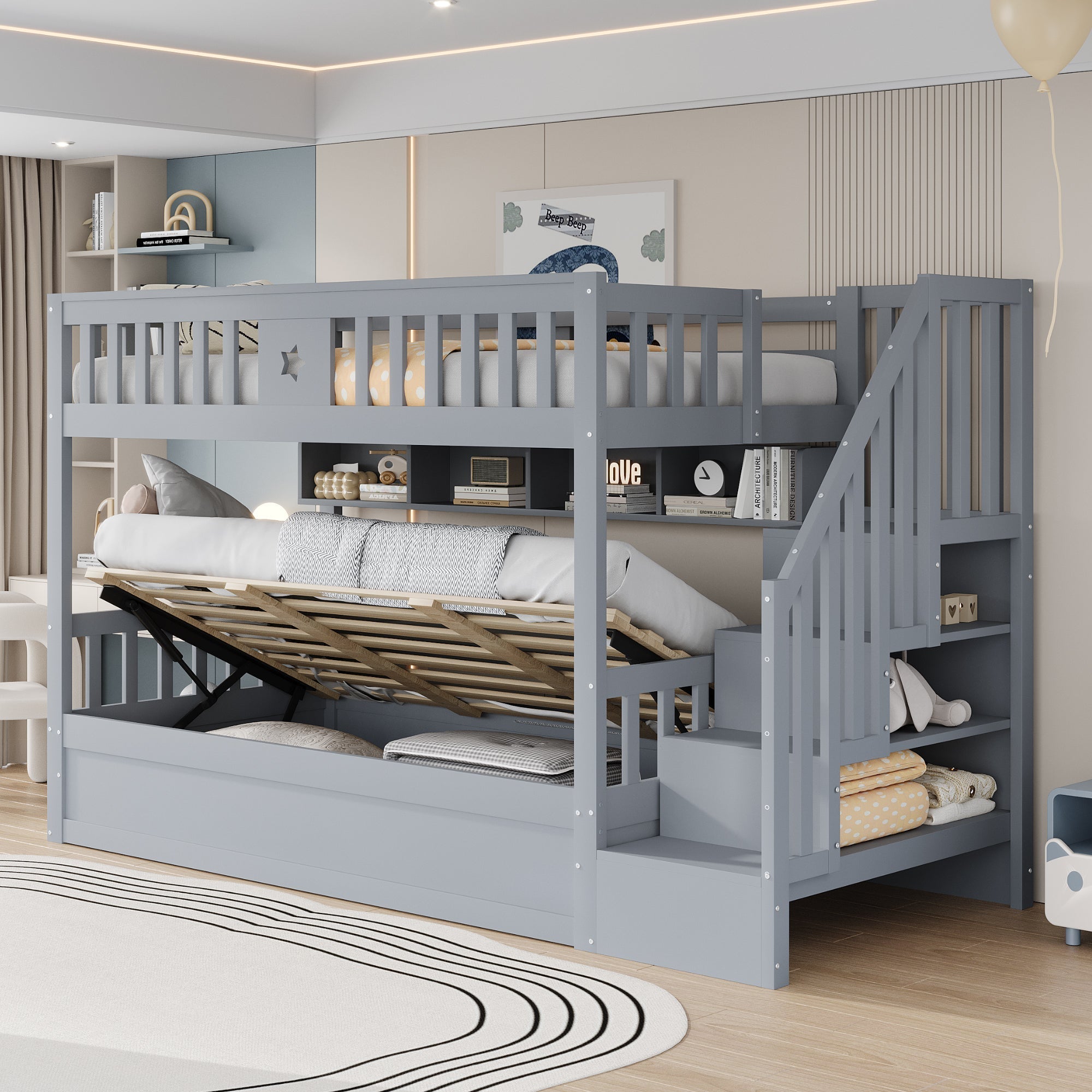Wooden Bed 90x200cm Hydraulic Storage Stairs Shelves Loft Bunk Youth Bed, Grey