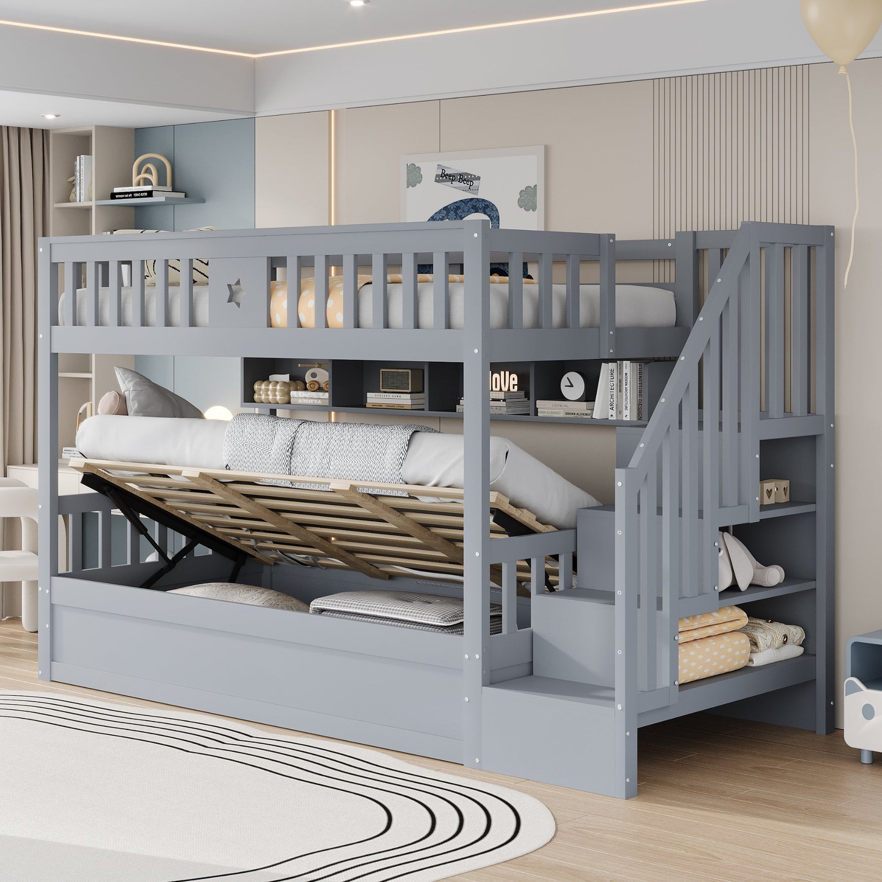 Wooden Bed 90x200cm Hydraulic Storage Stairs Shelves Loft Bunk Youth Bed, Grey
