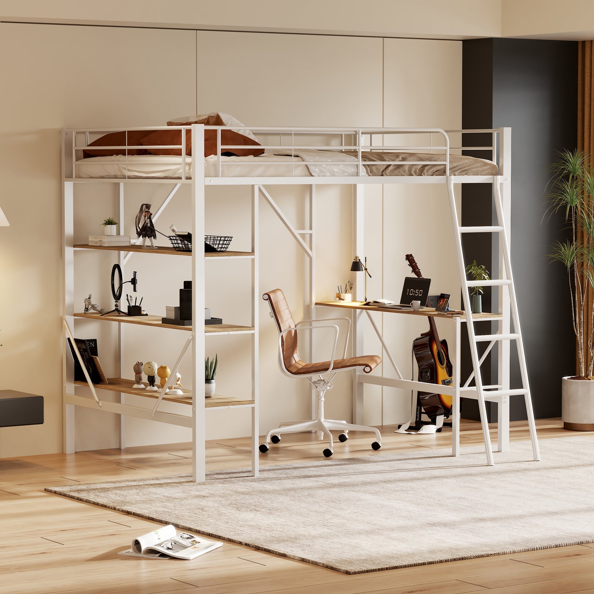 Loft Bed 90x200cm with Desk 3 Shelves - White Metal