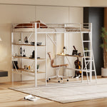 Loft Bed 90x200cm with Desk 3 Shelves - White Metal