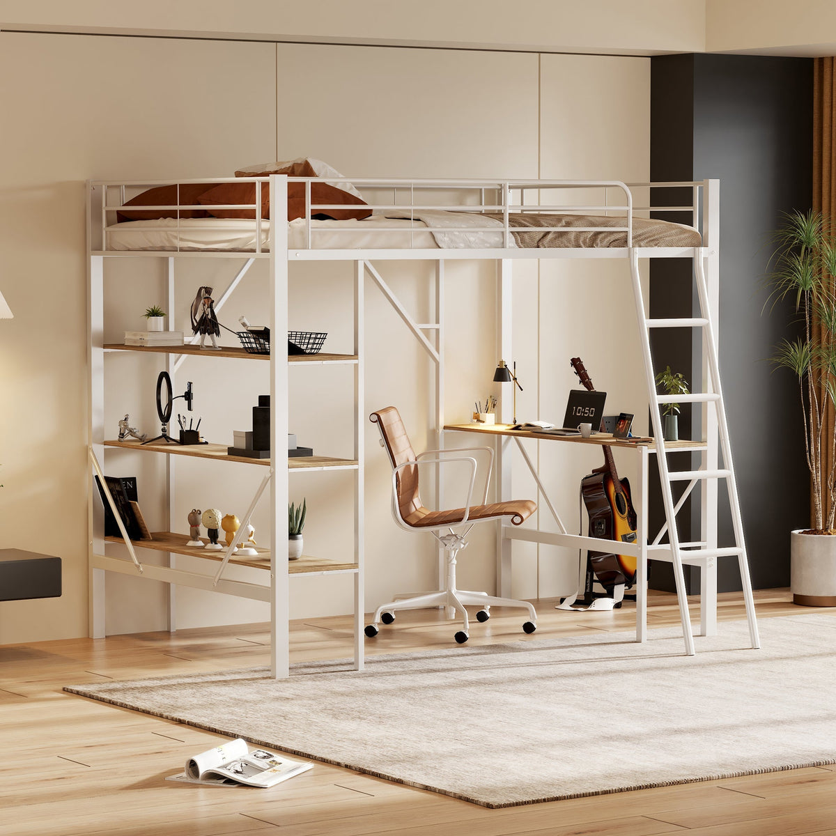 Loft Bed 90x200cm with Desk 3 Shelves - White Metal