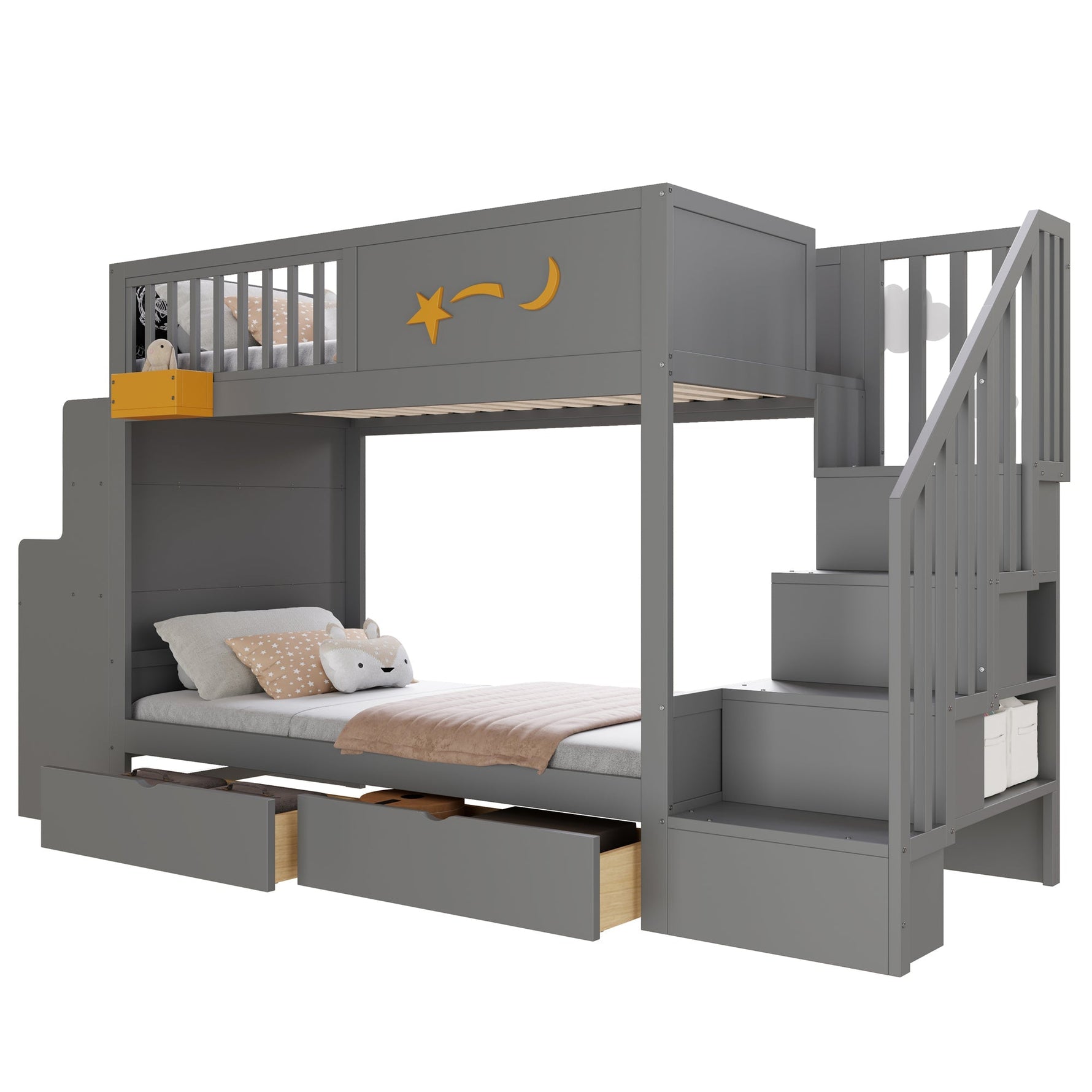 Bunk Bed with Desk, Storage Drawers and Star Motif, 90x200cm, Grey Pine Wood
