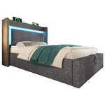 Upholstered Bed 90x200cm Hydraulic Storage Headboard with USB/Type-C & LED Grey Linen