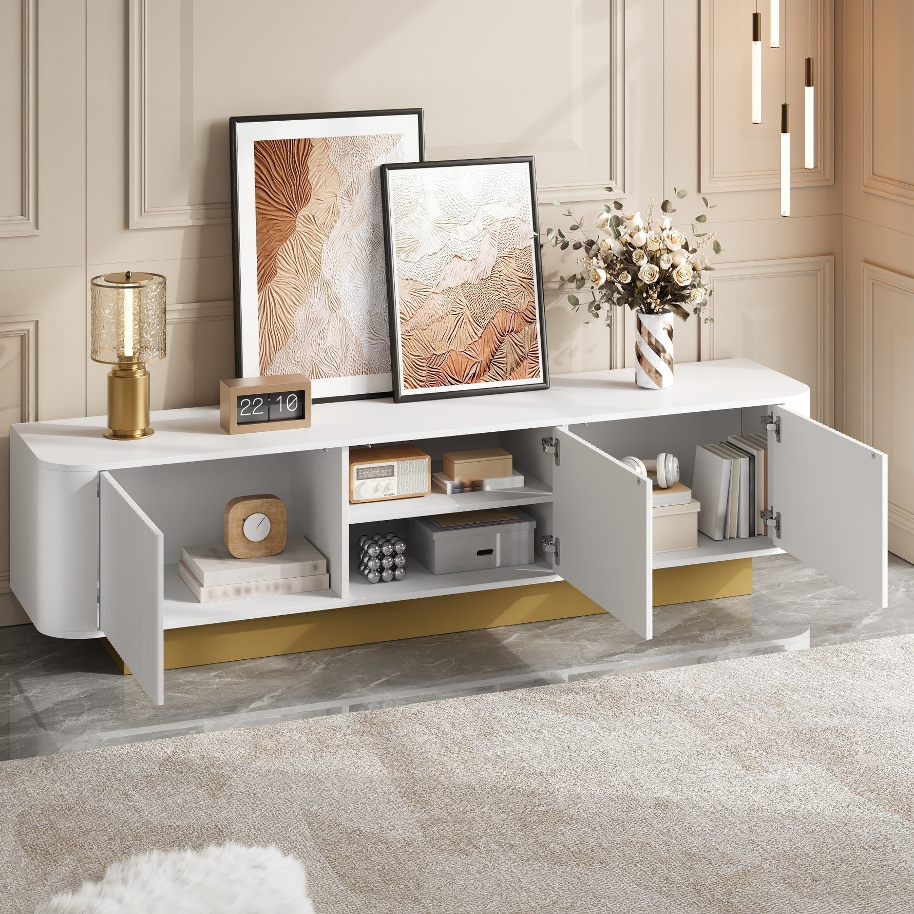 Modern TV Stand with Storage and Cable Management, Rounded Design, White