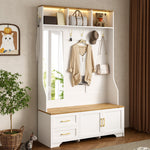 Hallway & Shoe Cabinet, LED, Mirror, Hooks, Drawers, Wood White