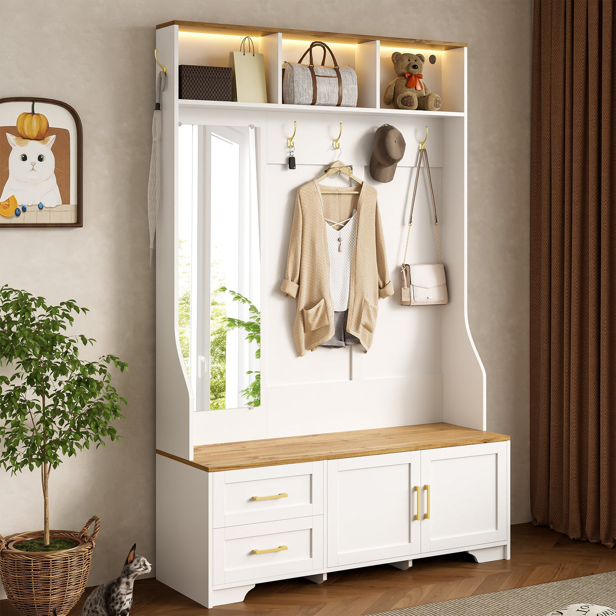 Hallway & Shoe Cabinet, LED, Mirror, Hooks, Drawers, Wood White