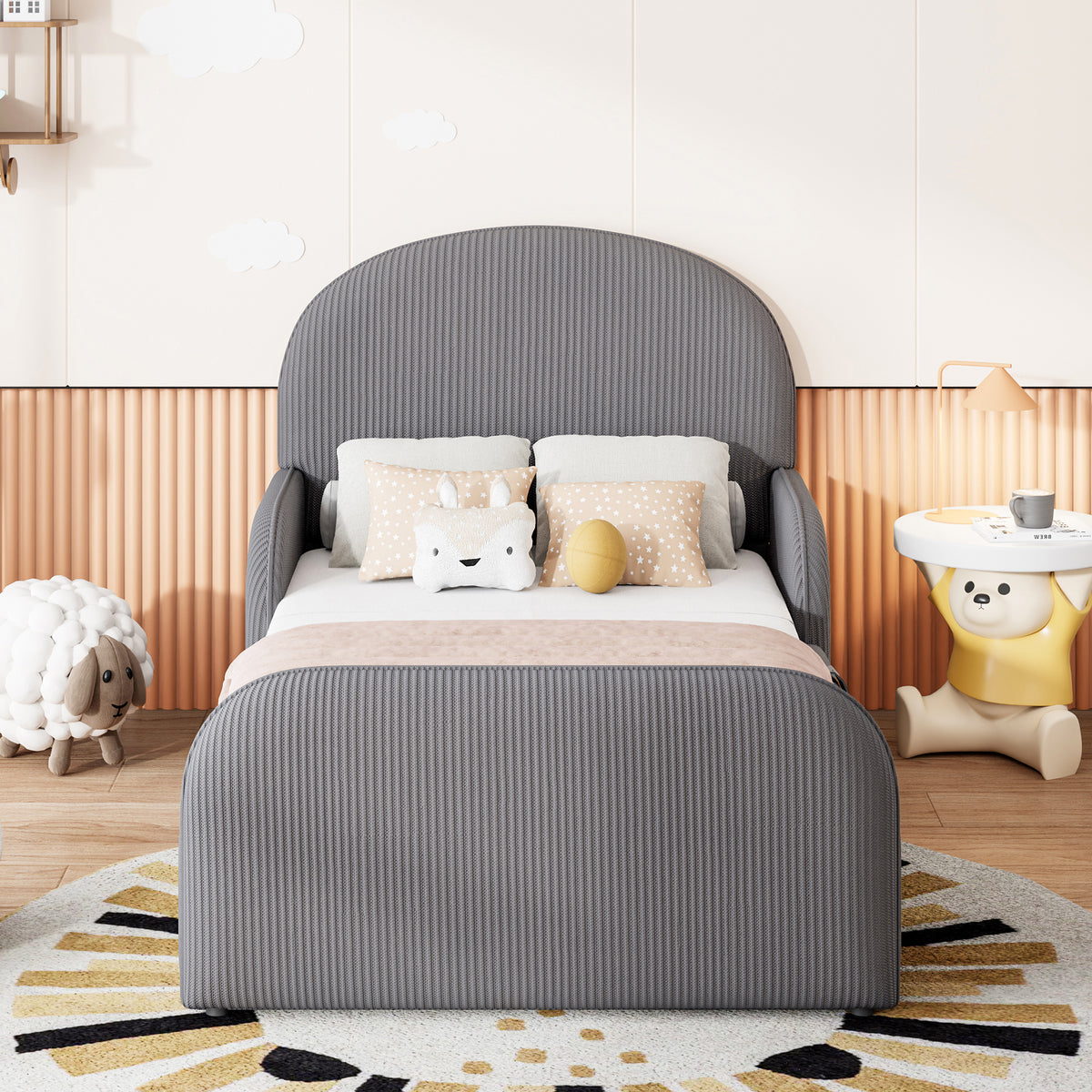 Children's Upholstered Bed 90x200 Hydraulic Storage, Grey Velvet