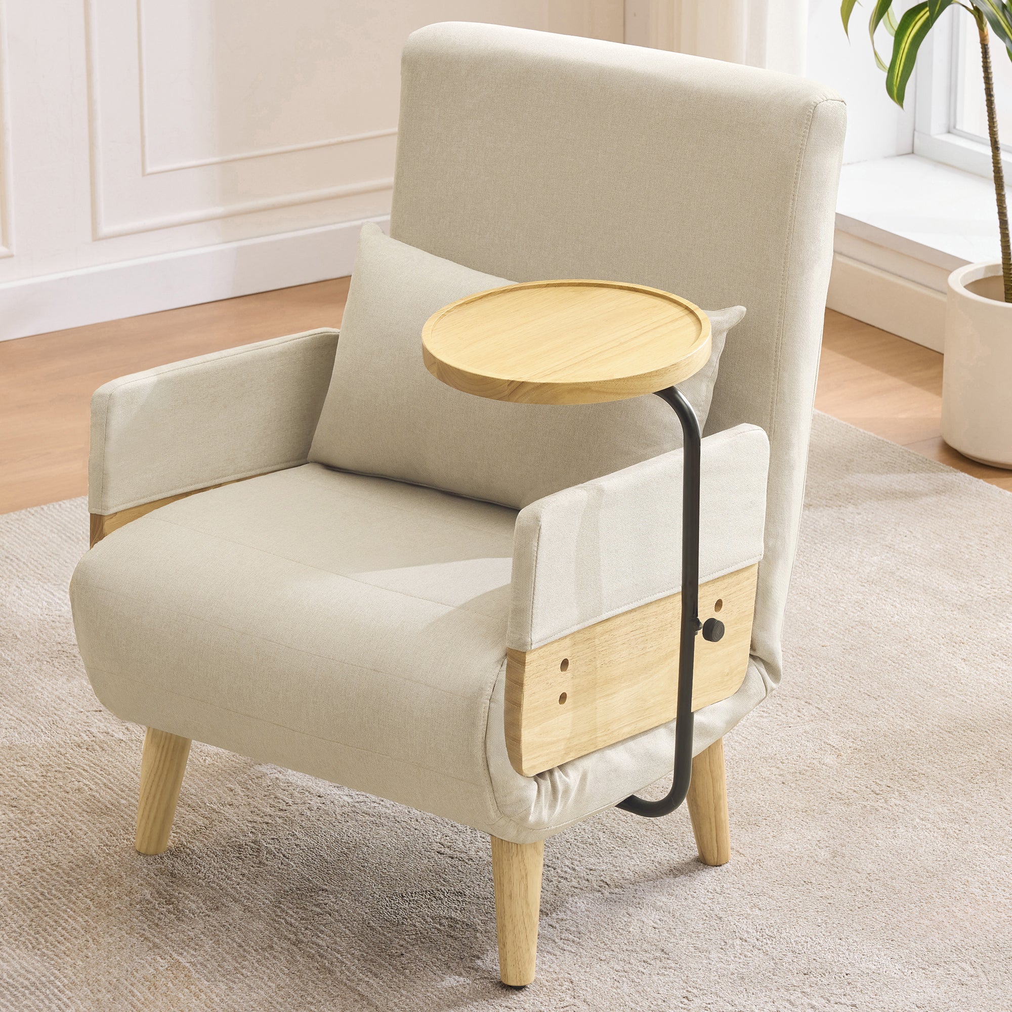3-in-1 Convertible Armchair, Sleeping Function Upholstered Folding Seat, Wooden Tray
