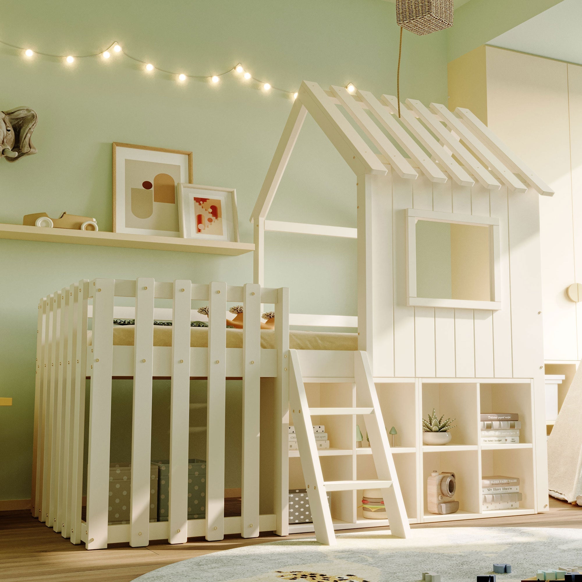 Children's House Bed 90x200, Roof & Window, Ladder, Solid Wood White
